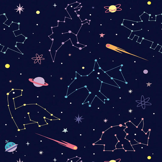 Tapete Kinderzimmer Dino Sternbilder Nacht – Magisches Weltraummuster auf tiefem Nachtblau-Hintergrund mit bunten Dinosaur...