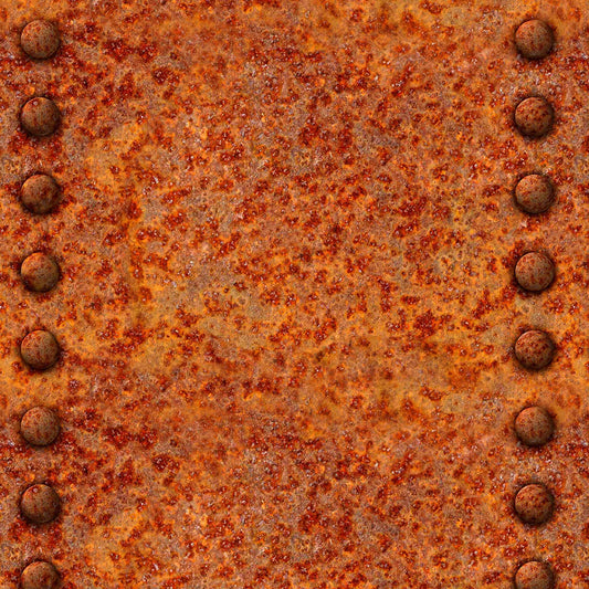 Metallic Tapete Genietete Rostplatte Detailansicht – Rostrot, Orange, Kupfer, Braun, selbstklebend