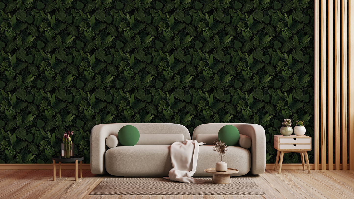 Dschungel Tapete dunkel » Elegante Blätter-Optik in Schwarzgrün Mystisch & modern Jetzt bei Pimp my Wall entdecken