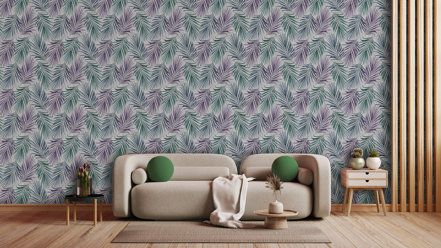 Tropische Tapete in Lila & Mint » Modern & entspannt Exklusives Palmenmuster Jetzt bestellen
