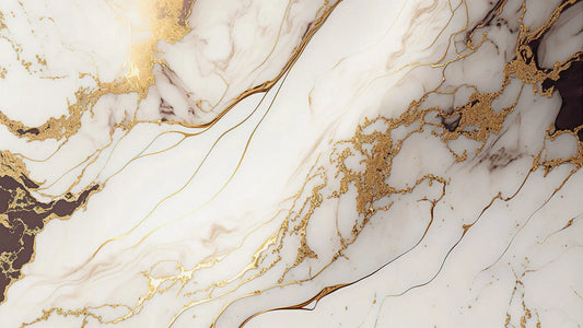 Fototapete Marmor Imperial Gold II Nahansicht – Weiß, Tiefgold, Bernsteingold, Perlmutt, selbstklebend