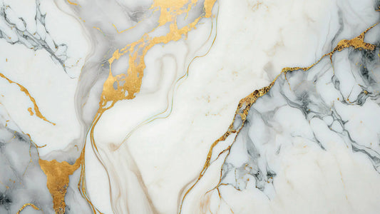 Fototapete Marmor Golden Flow I Nahansicht – Hellgrau, Weiß, Gold, Silber, selbstklebend