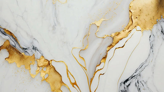 Fototapete Marmor Golden Mist Nahansicht – Goldnebel, Hellcreme, Warmgold, Perlmutt, selbstklebend