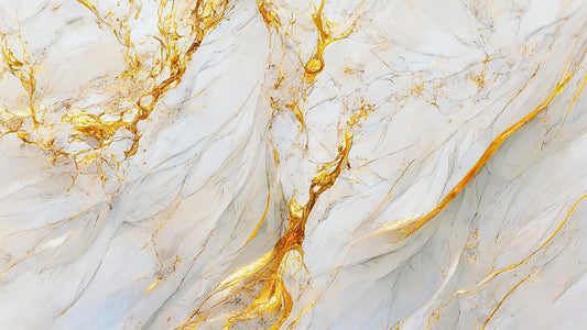 Fototapete Marmor Golden Flame Nahansicht – Weiß, Gold, Bernstein, Amber, selbstklebend