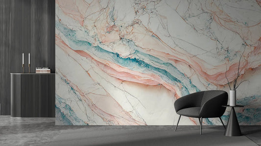 Fototapete Marmor Coral Dream – Zartes weißes Marmorwandbild mit fließenden Korallen-Rosa- und Türkis-Akzenten in pastelli...