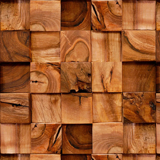 Selbstklebende Tapete 3D Holzoptik – Natural Wood Cubes mit realistischer Maserung in warmen Brauntönen für Wandgestaltung im Industrial-Stil.