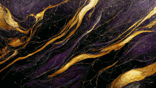 Fototapete Marmor Golden Tempest Nahansicht – Violett, Tiefviolett, Gold, Dunkelgold, selbstklebend