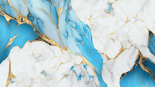 Fototapete Marmor Azure Gold Nahansicht – Azurblau, Gletschergrau, Gold, Weiß, selbstklebend