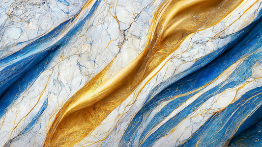Fototapete Marmor Royal Waves Nahansicht – Königsblau, Gold, Hellblau, Champagner, selbstklebend