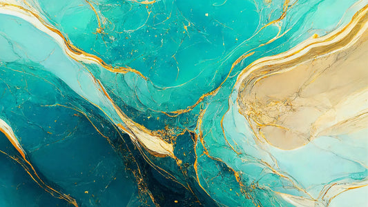 Fototapete Marmor Ocean Whisper Nahansicht – Türkis, Blau, Gold, Beige, selbstklebend
