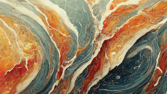 Fototapete Marmor Lava Flow Nahansicht – Teal, Salbei, Orange, Rot, Weiß, selbstklebend