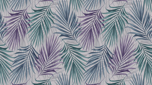Tropische Blättertapete Blau & Lila – Modern Detailansicht – Mint, Lila, Blau, selbstklebend