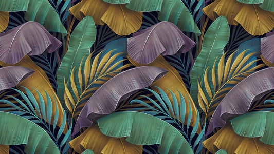 Bunte Tropentapete Exotische Farben in Grün, Lila & Gelb Lebendig & auffällig – by Pimp My Wall