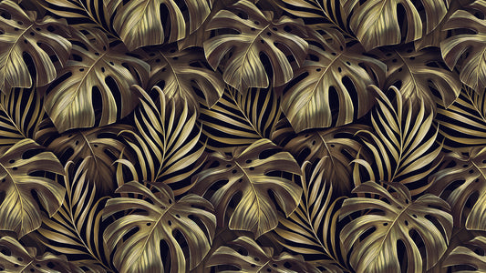 Tropische Blatt-Tapete Monstera & Palmen in Goldgrün Elegant & modern Perfekt für stilvolle Räume – by Pimp My Wall