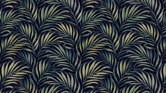 Palmen-Tapete in Gold & Grün Dezent & elegant Tropisch-moderner Look für ruhige Räume – by Pimp My Wall