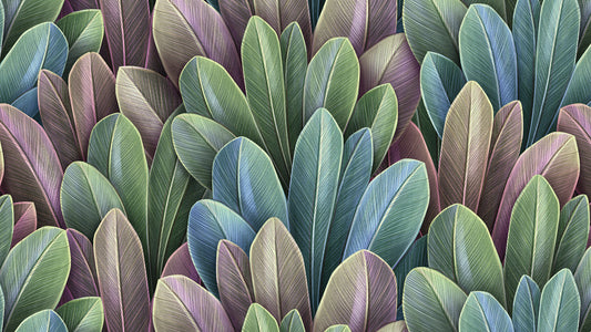 Bunte Dschungeltapete Blätter in Violett, Blau, Grün & Rosé Frisch, kreativ & lebendig – by Pimp My Wall