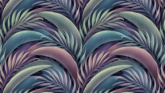 Tropische Blättertapete Blau & Violett – Modern Detailansicht – Grün, Violett, Blau, selbstklebend