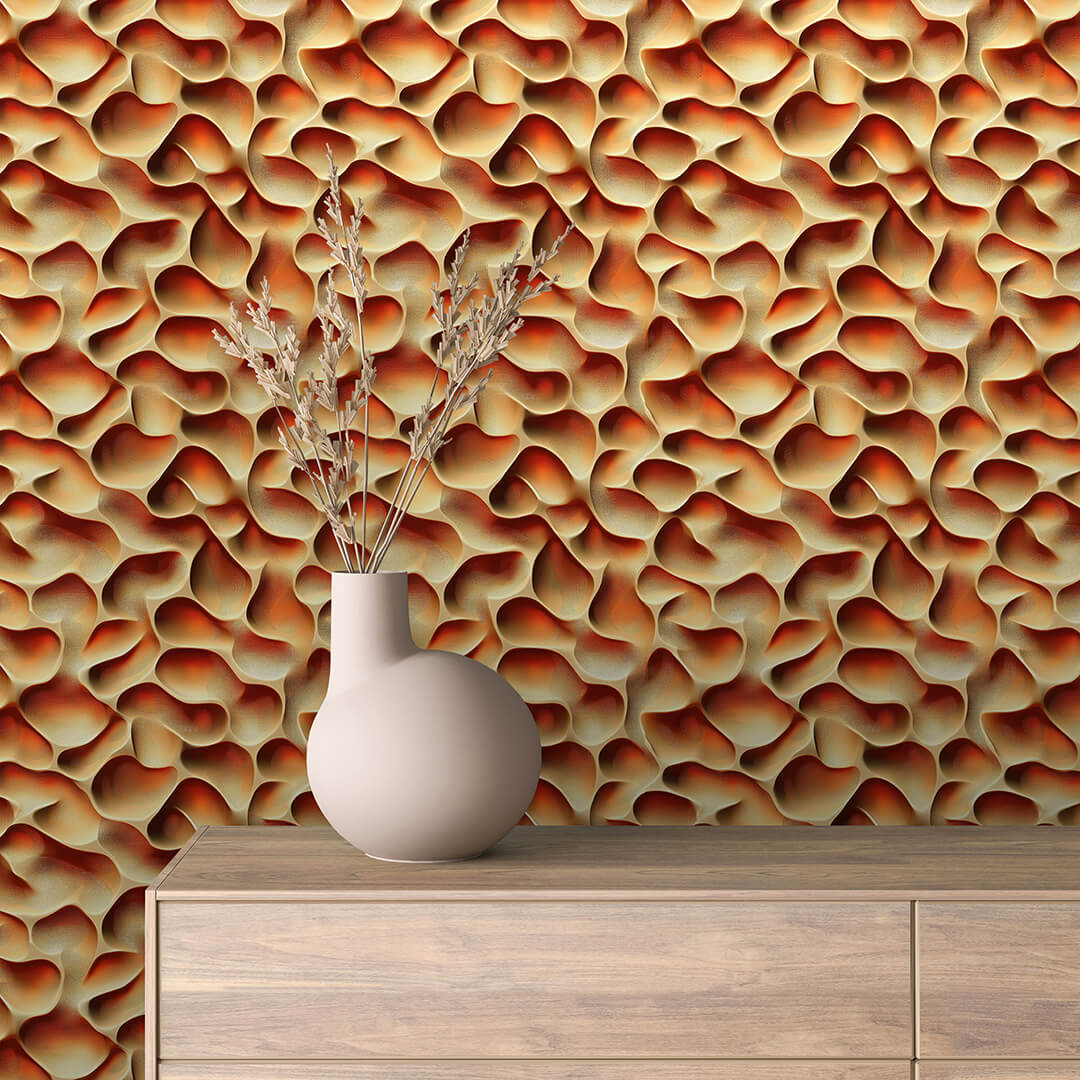3D Fototapete mit Wellenrelief in Rot-Orange plastische Tiefenwirkung selbstklebende Tapete PVC-frei Lieferzeit 2-4 Werktage PCC FoliaConcept