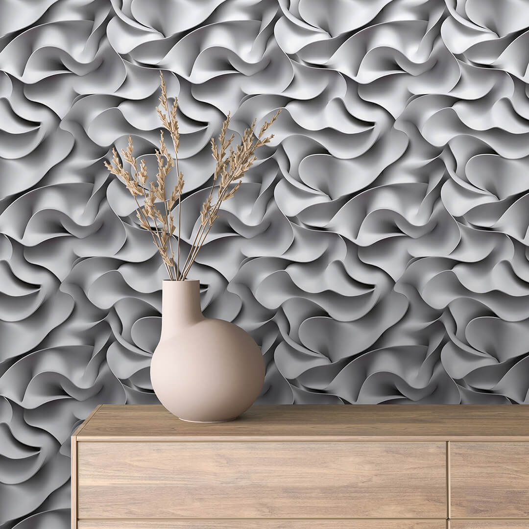 selbstklebende Tapete PVC-frei Lieferzeit 2-4 Werktage 3D Wanddesign in Silber Elegante Wellenoptik mit Tiefe
