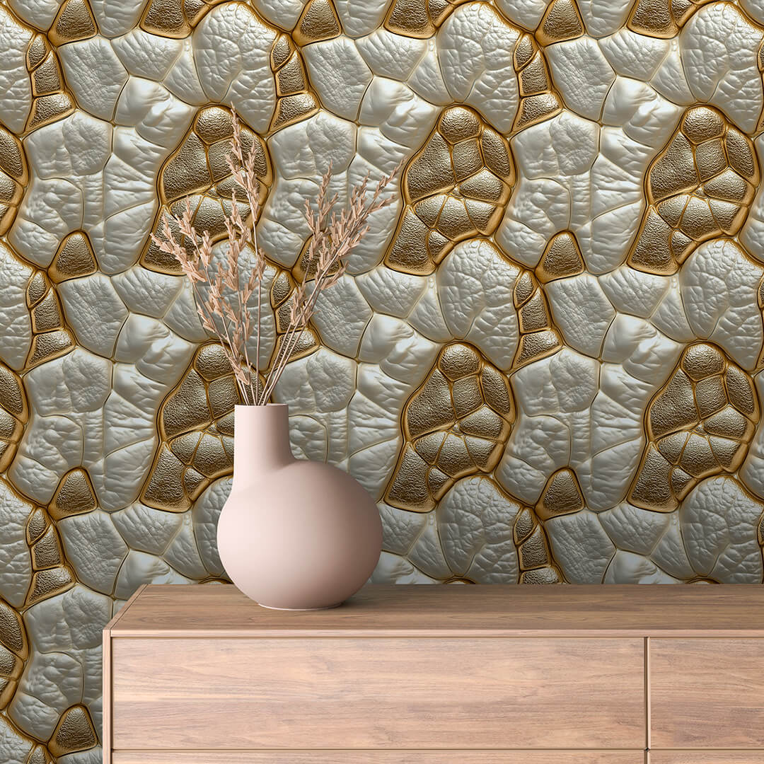 3D Tapete in Gold & Perlmutt Lederstruktur mit Zelloptik selbstklebende Tapete PVC-frei Lieferzeit 2-4 Werktage PCC FoliaConcept