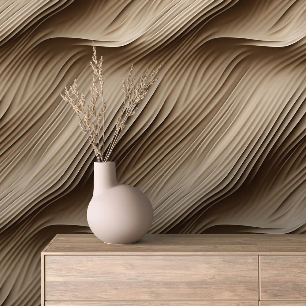 3D Tapete mit fließendem Sandwellen-Muster Warme Naturtöne für stilvolle Räume Ideal für moderne Wohnideen Jetzt entdecken!