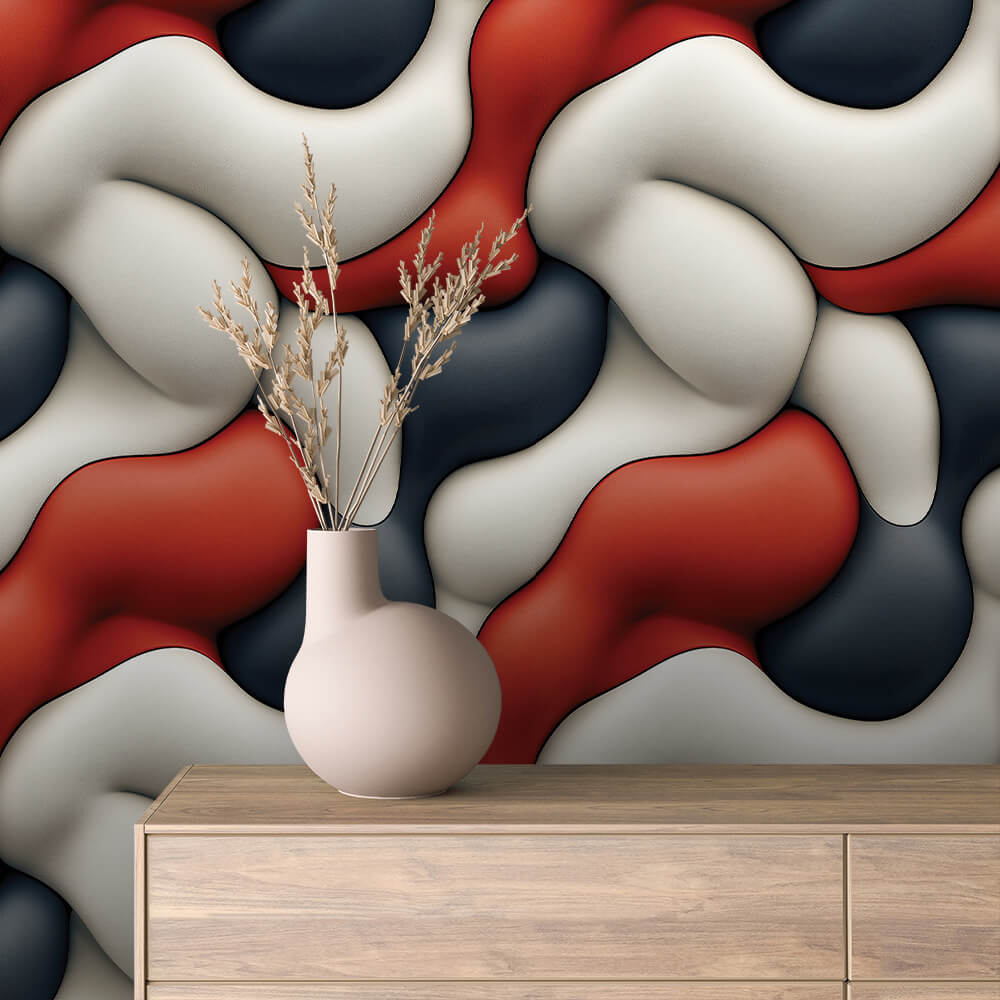 Moderne 3D-Tapete mit farbigen Strömungen Selbstklebend & PVC-frei Ausdrucksstarkes Wanddesign in Rot, Blau und Creme | I made by PCC FoliaConcept