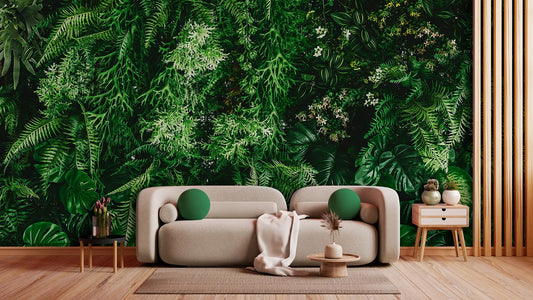 Tropische Tapete Botanisches Wunder – dichtes Blattwerk mit floralen Details