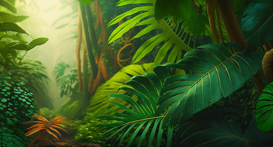 Tropische Tapete Tropenfluss – dichtes Blattwerk in satten Grüntönen als Muster