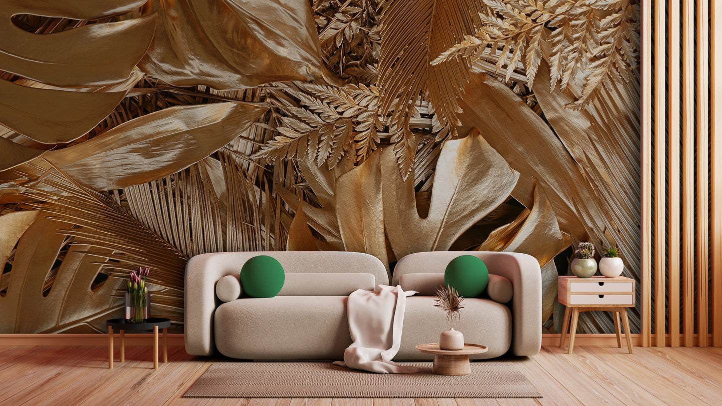 Tapete Golden Jungle Luxe goldene Blätter luxuriöser Dschungellook Wanddekor mit Glamour Design by Pimp My Wall