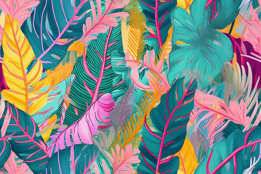 Tropische Tapete TropiPop Original – Pink, Türkis und Gelb im Pop-Art-Stil