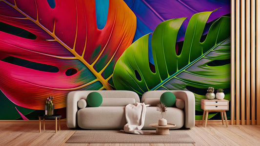 Tropische Tapete TropiPop Powerblätter – kraftvolle Monstera in Pink, Grün und Lila