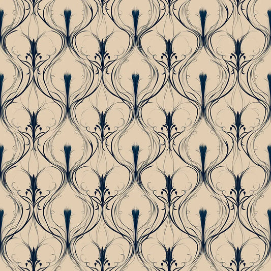 Art-Nouveau-Arabesken-Muster in Dunkelblau auf Beige – Arabesque Tapete Nahaufnahme