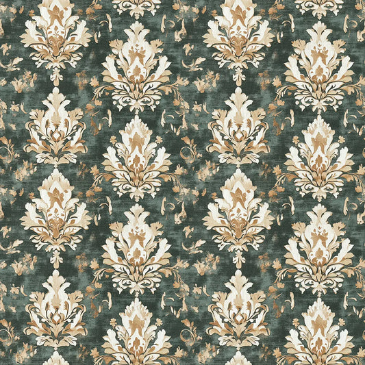 Goldenes Damast-Muster auf Dunkelgrün – Arabesque Barock-Tapete Nahaufnahme