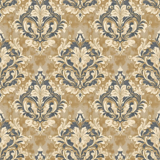 Damast-Ornament Dunkelblau auf Sepia – Arabesque Tapete Nahaufnahme