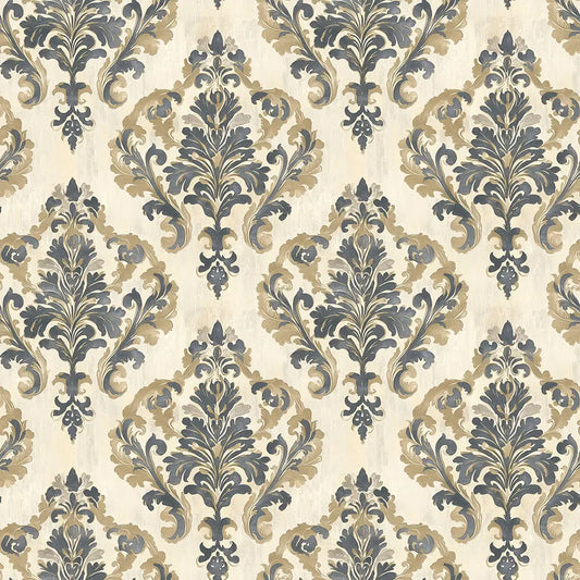 Damast-Medaillon in Blau-Gold auf Creme – Arabesque Tapete Nahaufnahme