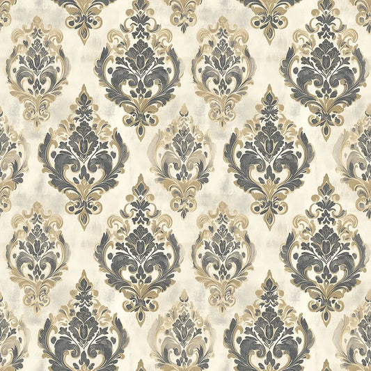 Damast-Ornament in Grau-Gold auf Creme – Arabesque Tapete Nahaufnahme