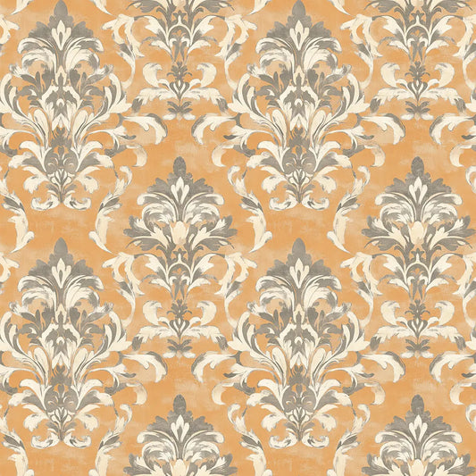 Damast-Ornament Grau auf Terrakotta – Arabesque Tapete Nahaufnahme