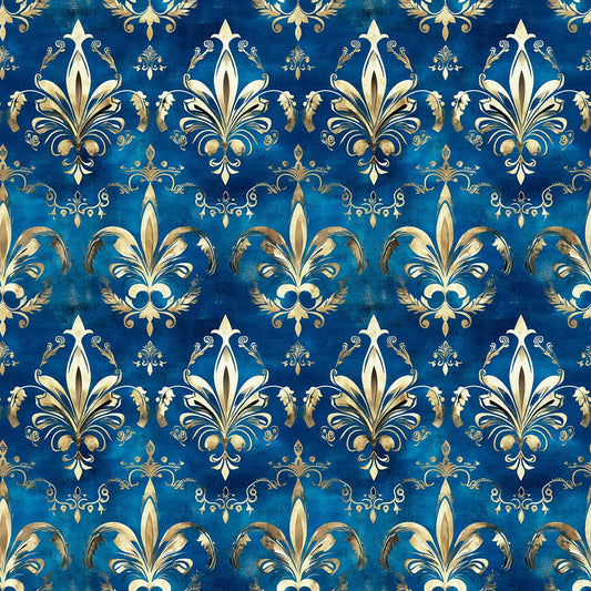 Goldenes Lilien-Ornament auf Indigoblau – Arabesque Tapete Nahaufnahme