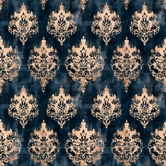 Roségold-Damast-Ornament auf Nachtblau – Arabesque Tapete Nahaufnahme