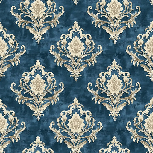 Creme-Damast-Ornament auf Petrol – Arabesque Tapete Nahaufnahme