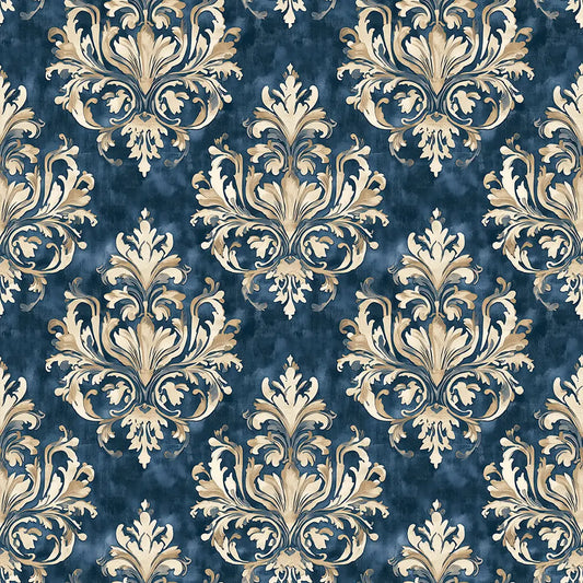 Barock-Ornament-Muster in Gold auf Petrolblau – Arabesque Tapete Nahaufnahme