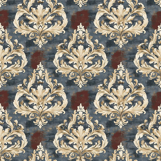 Barock-Ornament Gold auf Dunkelblau-Rot – Arabesque Tapete Nahaufnahme