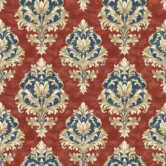 Damast-Ornament in Blau-Gold auf Rot – Arabesque Tapete Nahaufnahme