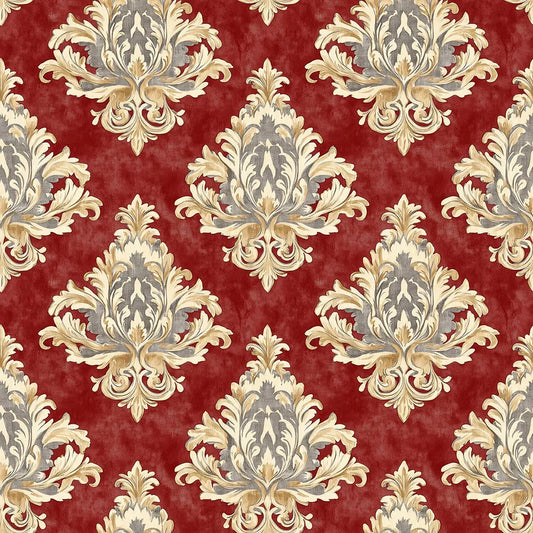 Barock-Damast in Grau-Gold auf Rot – Arabesque Tapete Nahaufnahme