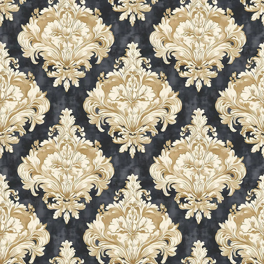 Goldenes Damast-Ornament auf Schwarz – Arabesque Tapete Nahaufnahme