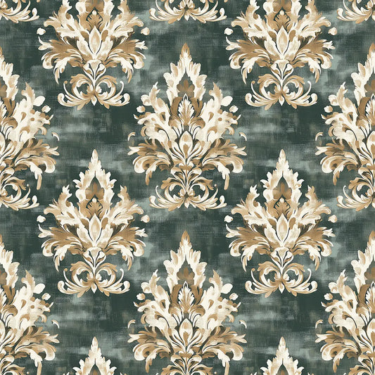 Goldenes Damast-Ornament auf Waldgrün – Arabesque Tapete Nahaufnahme