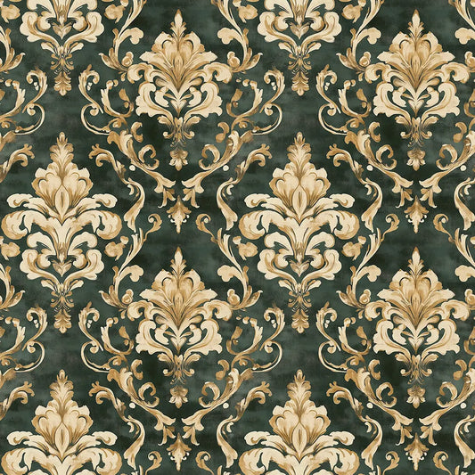 Barock-Ornament-Muster in Gold auf Waldgrün – Arabesque Tapete Nahaufnahme