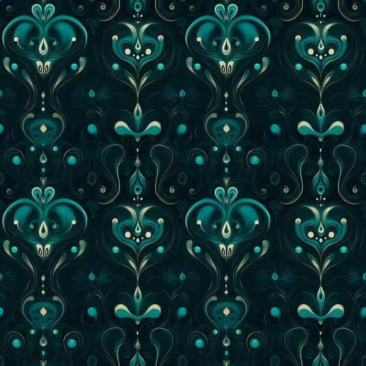 Art-Déco-Tropfen-Ornament in Smaragdgrün auf Schwarz – Arabesque Tapete Nahaufnahme