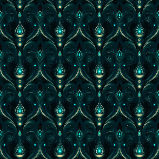 Tropfen-Ornament in Petrol-Gold – Arabesque Tapete Nahaufnahme