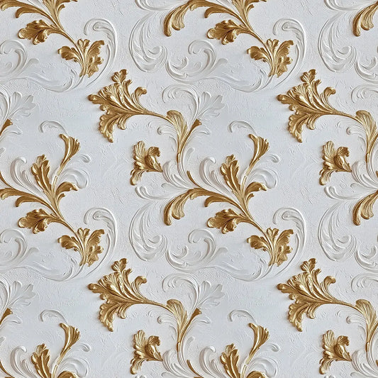 Barock-Ornament-Muster in Gold auf Hellgrau – Arabesque Tapete Nahaufnahme
